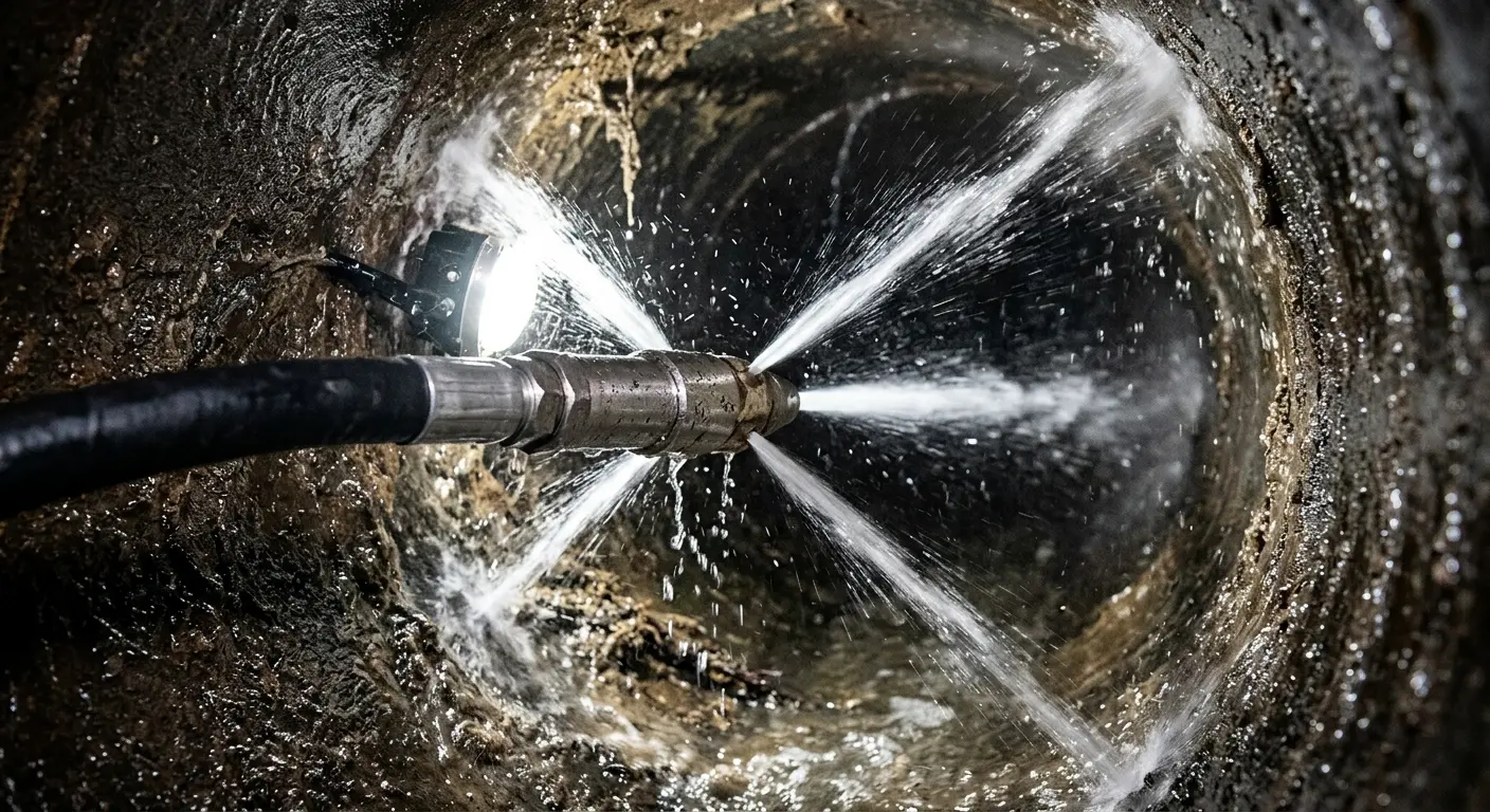 High-pressure hydro jetting nozzle cleaning sewer pipe for Trenchless Sewer Repair in Cherokee Village