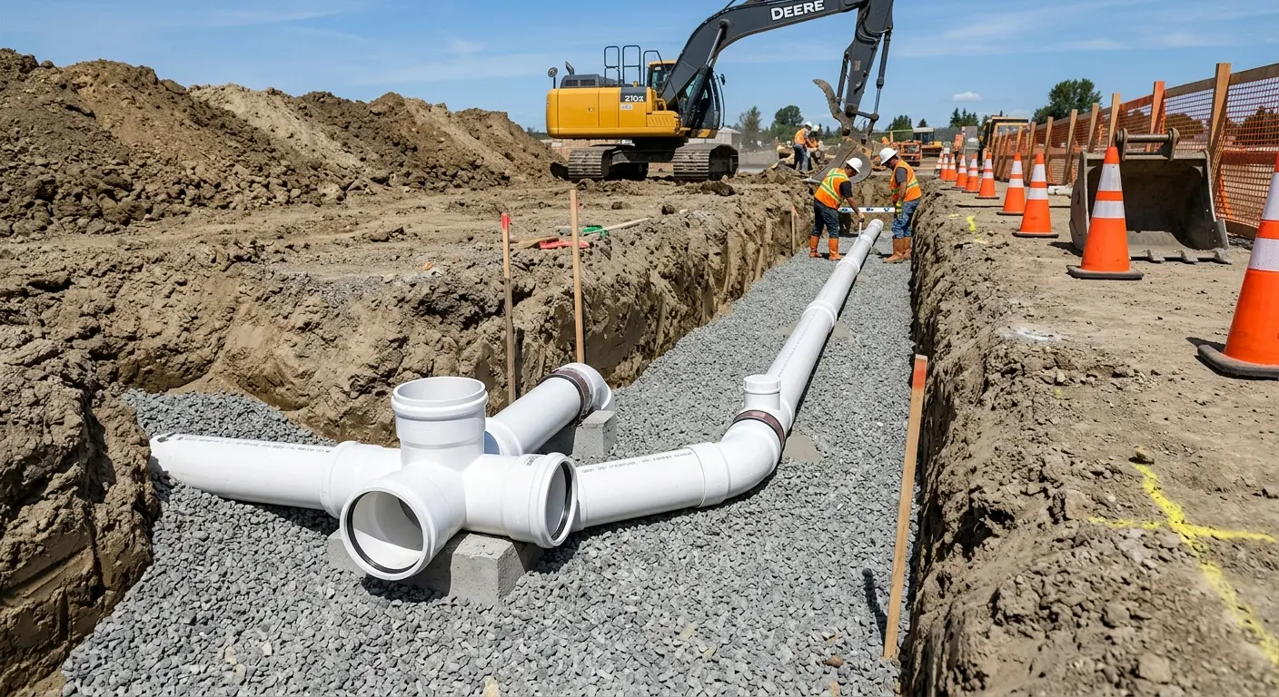New PVC sewer pipe installation in open trench for Sewer Backup in Cherokee Village