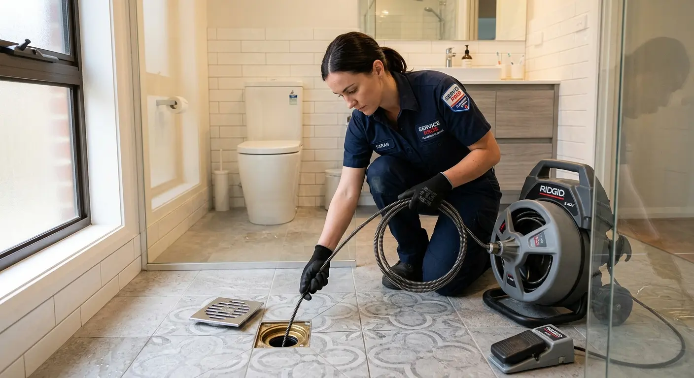 Technician clearing a bathroom floor drain for Sewer Line Replacement in Cherokee Village